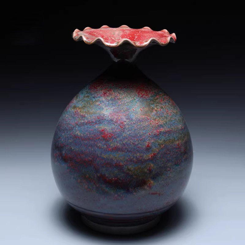 河南禹州钧瓷窑变卢炉李亚飞花瓶荷口玉壶春客厅玄关摆件大师手工