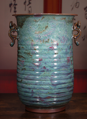 钧瓷摆件李亚飞纯手工卢钧如意双耳尊高档家居复古风装饰品送礼