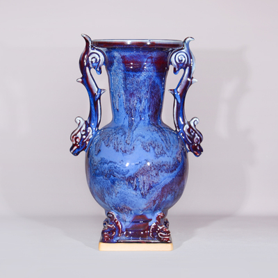 禹州神垕钧瓷宝石蓝双龙瓶钧窑变花瓶客厅办公室装饰摆件礼盒装