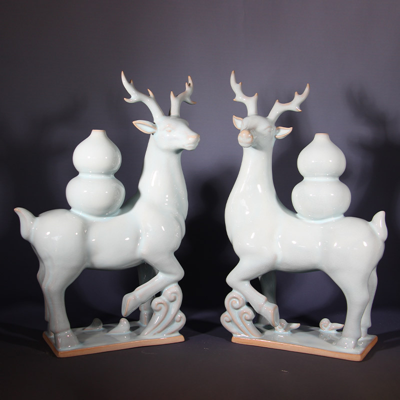 禹州神垕钧瓷摆件福禄一对两只装鹿高档家居玄关客厅古风动物摆件