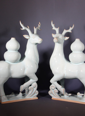 禹州神垕钧瓷摆件福禄一对两只装鹿高档家居玄关客厅古风动物摆件