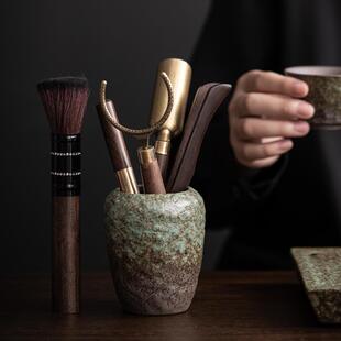 家用黑檀实木茶道6君子茶筒功夫茶具配件茶夹茶勺 粗陶六君子套装