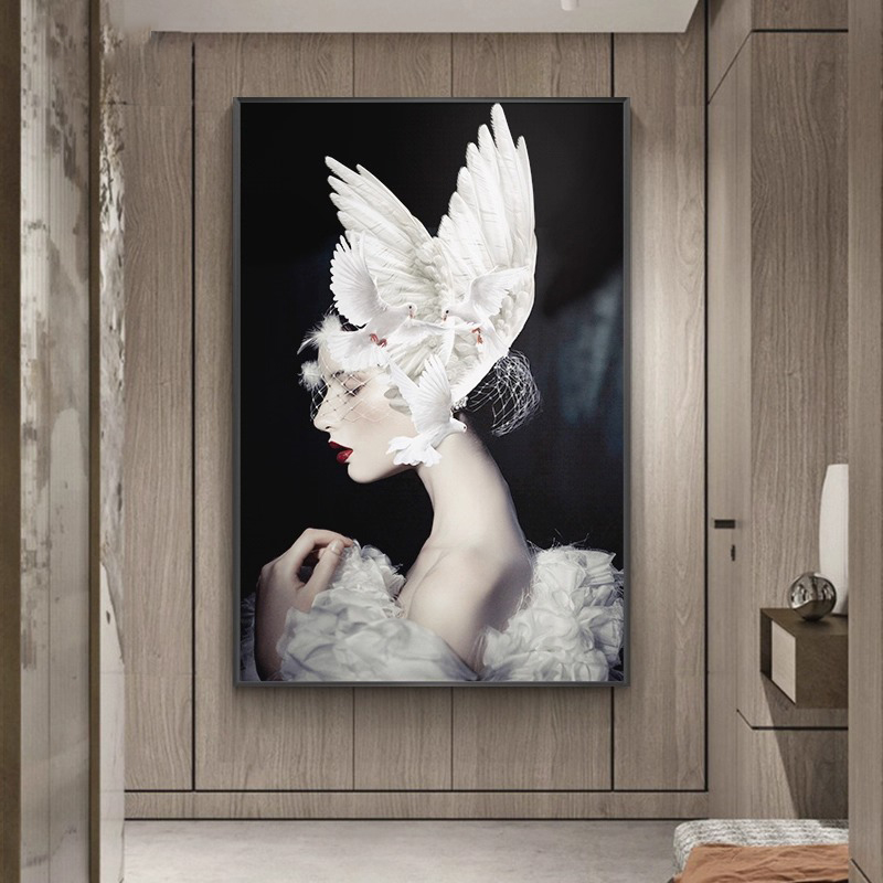 现代简约羽毛人物装饰画轻奢玄关走廊挂画北欧竖版客厅背景墙壁画