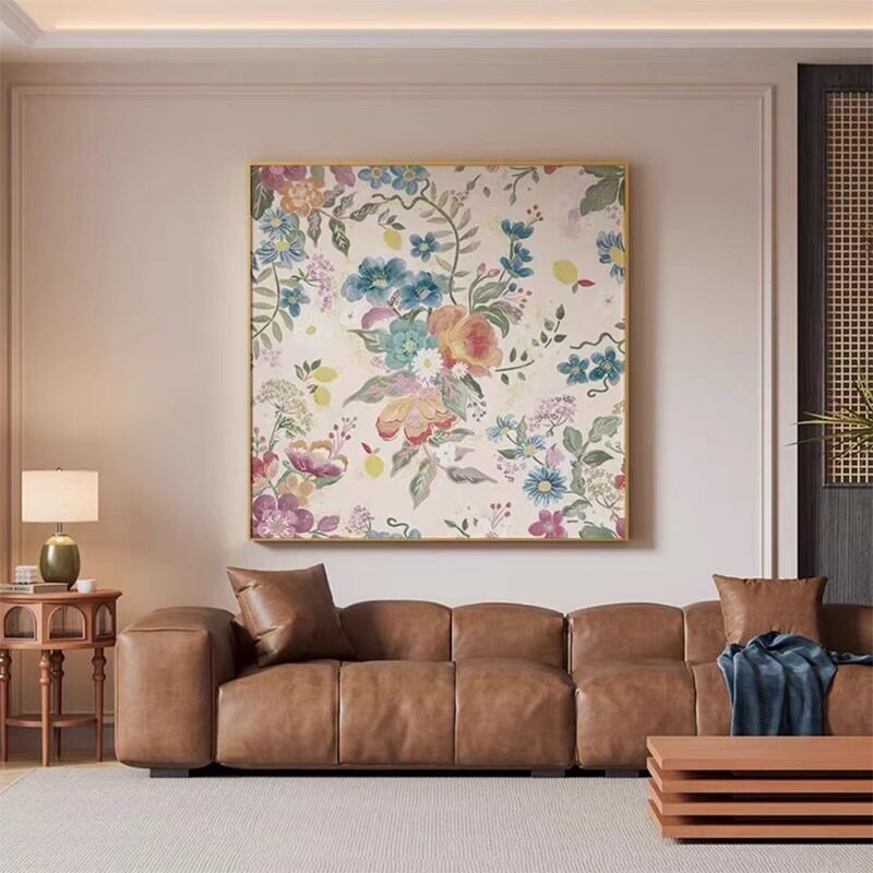 法式中国风客厅装饰画抽象艺术背景墙挂画高级感砂岩肌理饭厅方形