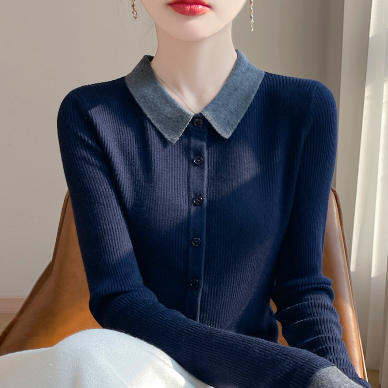 秋冬撞色翻领针织开衫外套女2025新款春秋外搭洋气大码女装上衣
