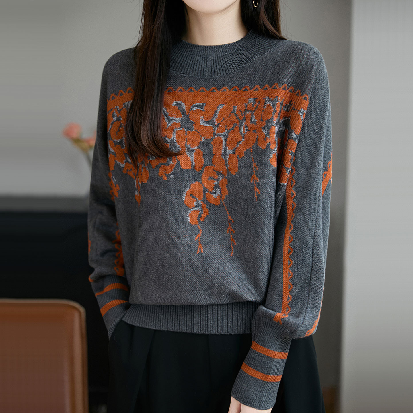 半高领毛衫女士毛衣秋季新款时尚外穿宽松提花针织显瘦洋气打底衫