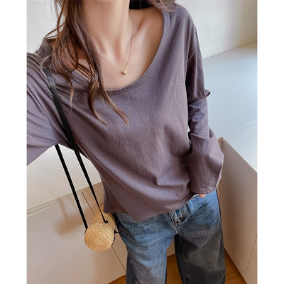 2025新款早秋V领宽松长袖t恤女慵懒风可外穿上衣秋冬季内搭打底衫