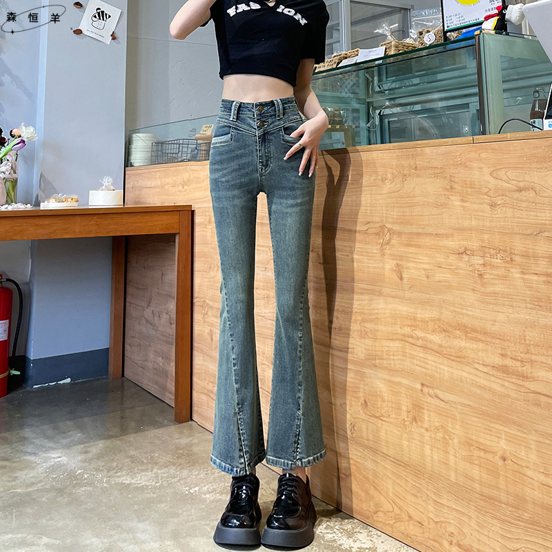 开叉牛仔裤女高腰九分微喇春秋季小个子高腰修身显瘦弹力喇叭裤子
