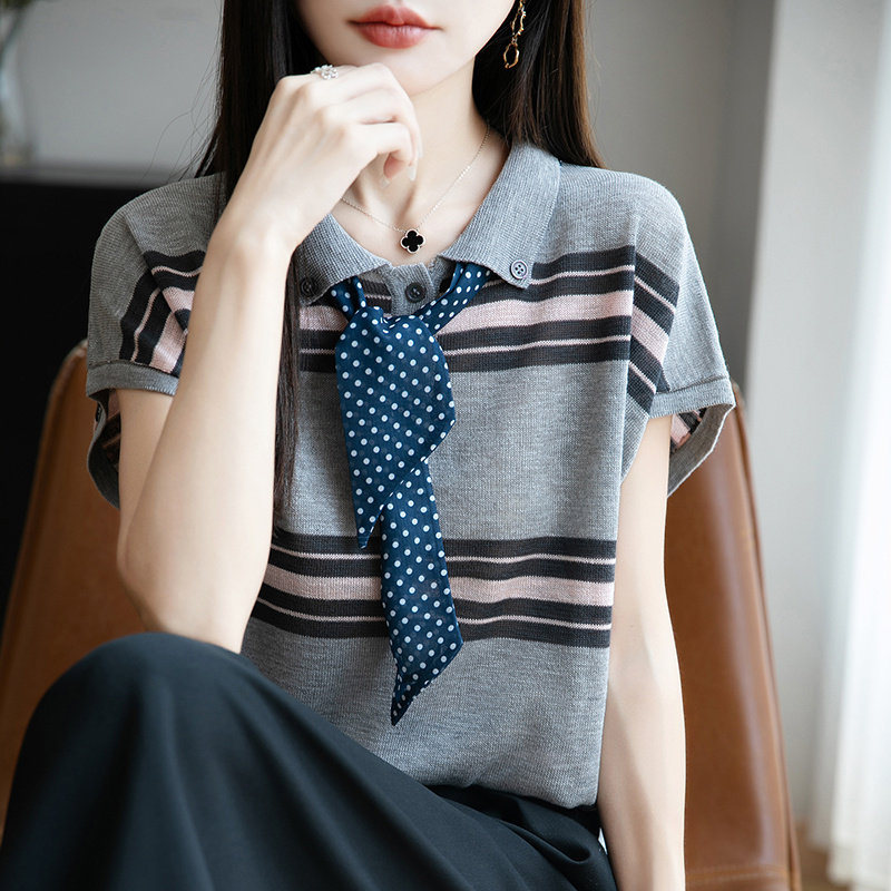 夏季26新款高品质显瘦翻领丝巾针织条纹短袖宽松上衣女百搭T恤衫