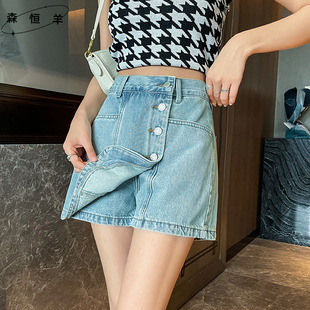 复古蓝牛仔短裤裙女款A字后松紧腰防走光裙裤子潮春夏季新款2025