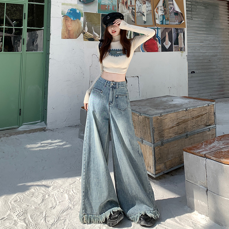 复古高腰阔腿裤牛仔裤女新款春秋季直筒大喇叭拖地甩裤子毛边流苏
