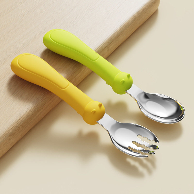 316不锈钢硅胶手柄勺子叉子家用元宝勺高颜值汤勺儿童吃饭调羹