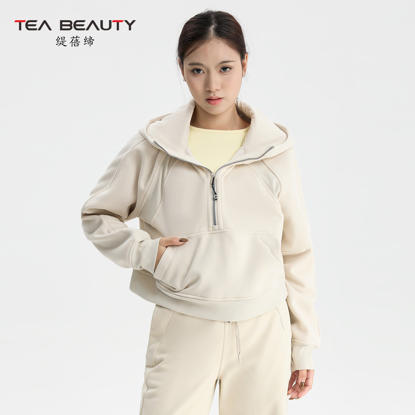 TeaBeauty新款连帽半拉链卫衣