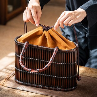 复古中式竹编包茶道茶具收纳包文艺风手提包日式手工编织包竹篮包