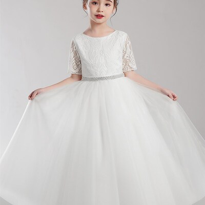 中大童小提琴演奏小女孩钢琴演出服白色花童公主裙蕾丝网纱礼服长