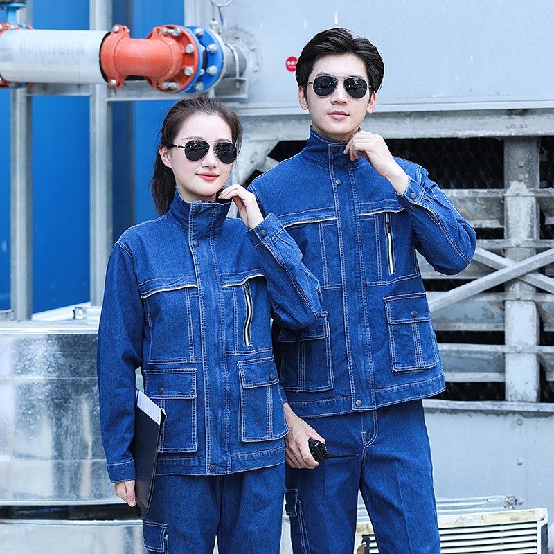 夏季薄款弹力立领牛仔工作服套装男长袖耐磨防烫电工电焊工劳保服