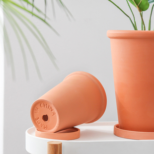 直筒修身红陶盆厚边瘦高陶土透气花盆带托盘简约客厅庭院阳台花园
