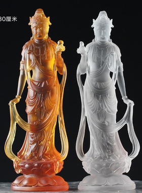 东方三圣日月光菩萨八吉祥琉璃发光底座药师琉璃光如来佛像摆件