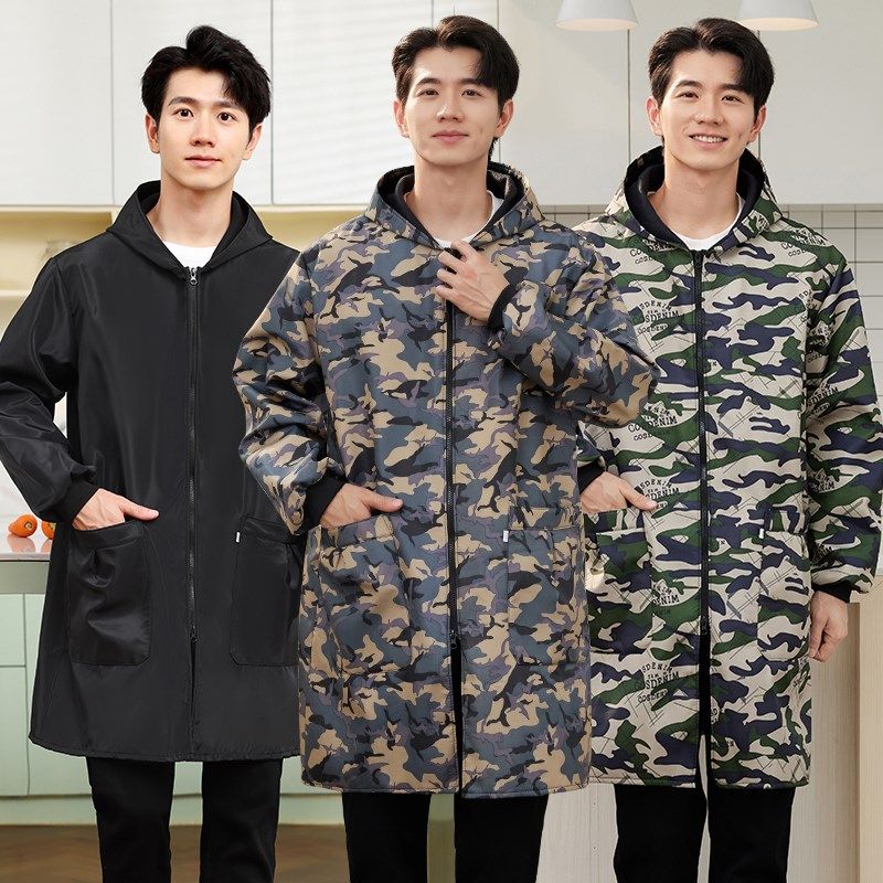 加绒罩衣成人加厚加肥加大码防水厨房冬季长袖大人围裙男款工作服