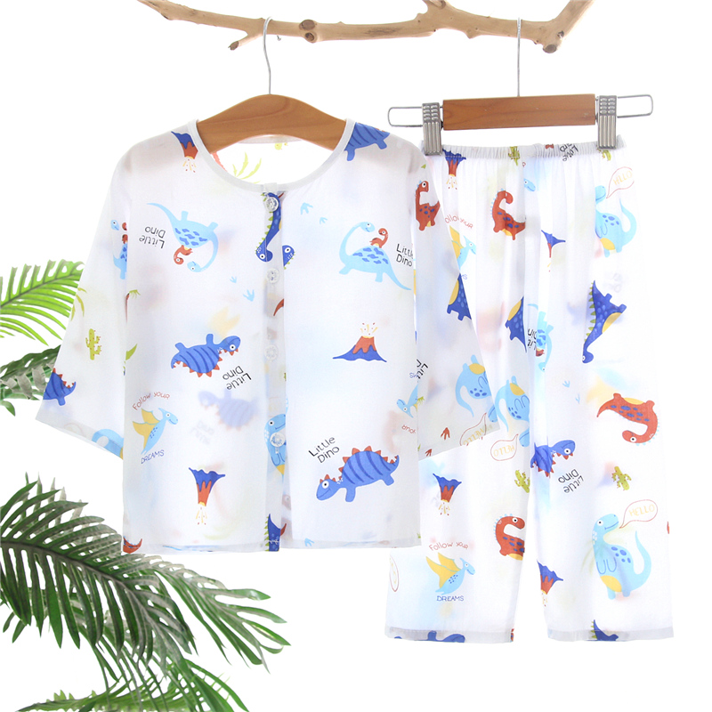 夏季儿童睡衣开衫套装宝宝男童女孩子长袖卡通可爱恐龙空调棉绸家