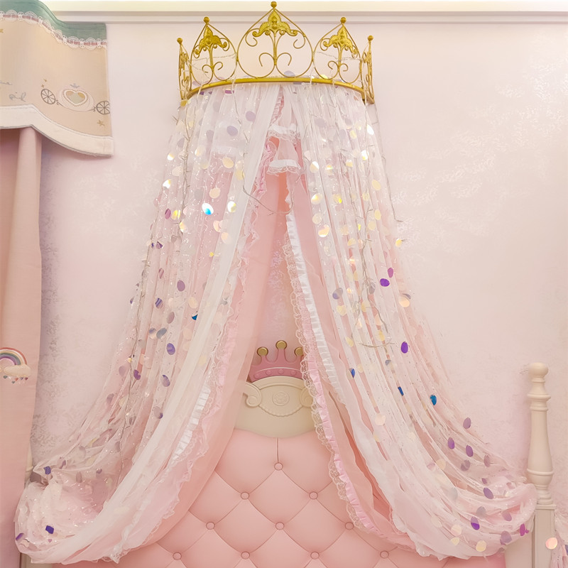 可爱公主床幔北欧大彩色亮片绣家用卧室装饰纱三层粉嫩少女心通用