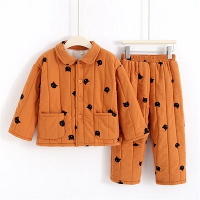 冬季男孩宝宝纯棉加厚加绒可外穿三层夹棉儿童家居服套装男童睡衣