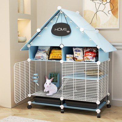 新型兔笼家用可移动带储物格脚垫托盘双层宠物笼子侏儒兔豚鼠别墅