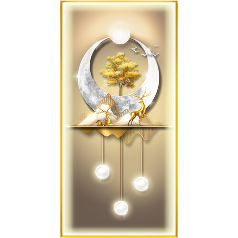 网红新中式竖版背景墙九鱼带灯晶瓷发光装饰画客厅卧室福禄玄关挂