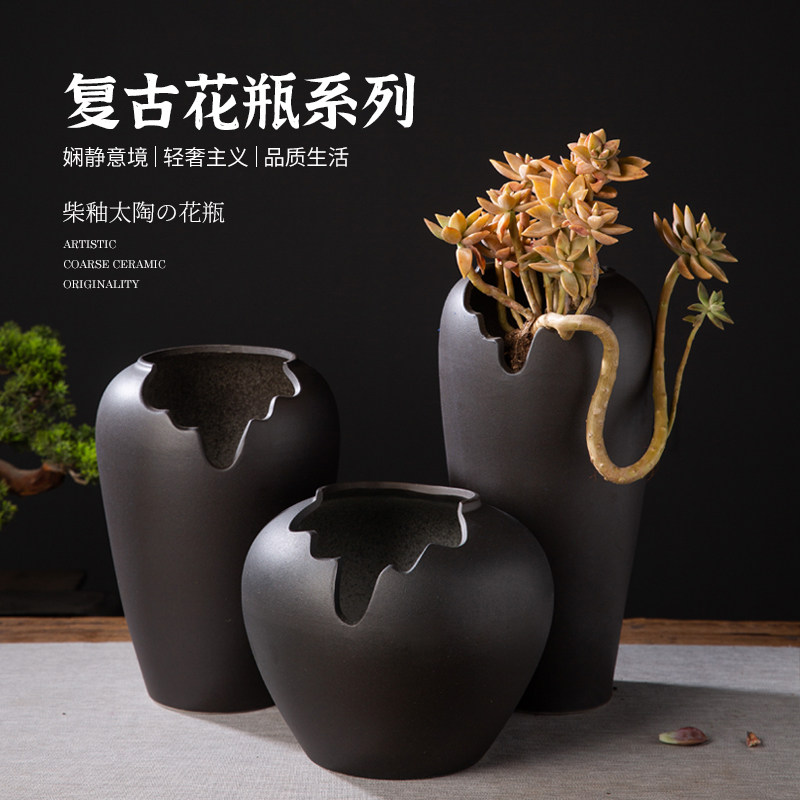切口陶瓷花盆缺口粗陶多肉植物手工紫砂绿萝特大陶罐插花盆栽花器