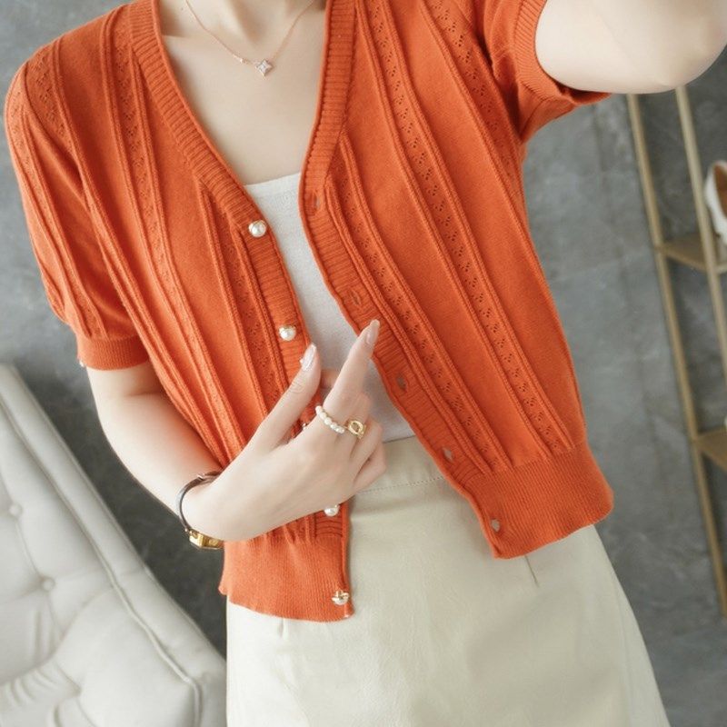 夏季高腰短款法式小开衫女薄款V领纯棉洋气针织衫镂空时尚短袖