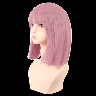 潼漫 cos假发女短发齐刘海一刀切高温丝藕粉色粉红色直发动漫头套