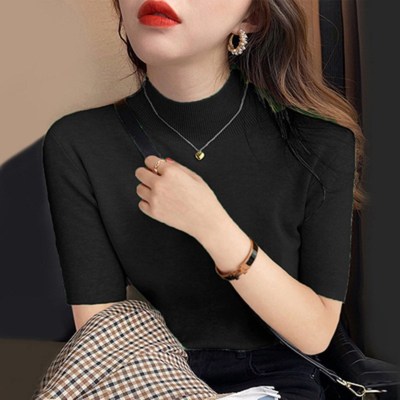 墨绿色五分袖针织衫女春秋冬季毛衣百搭半高领中袖打底衫大码上衣