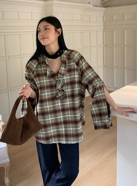 RUSTLE INTERLUDE荷叶边气质宽松磨毛绿色格纹衬衫长袖内搭上衣女