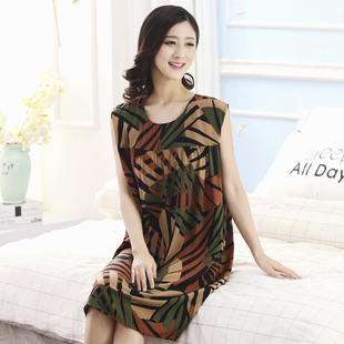 连衣裙大码 薄款 家居服 睡裙女夏纯棉妈妈绵绸睡衣女中老年大码 无袖