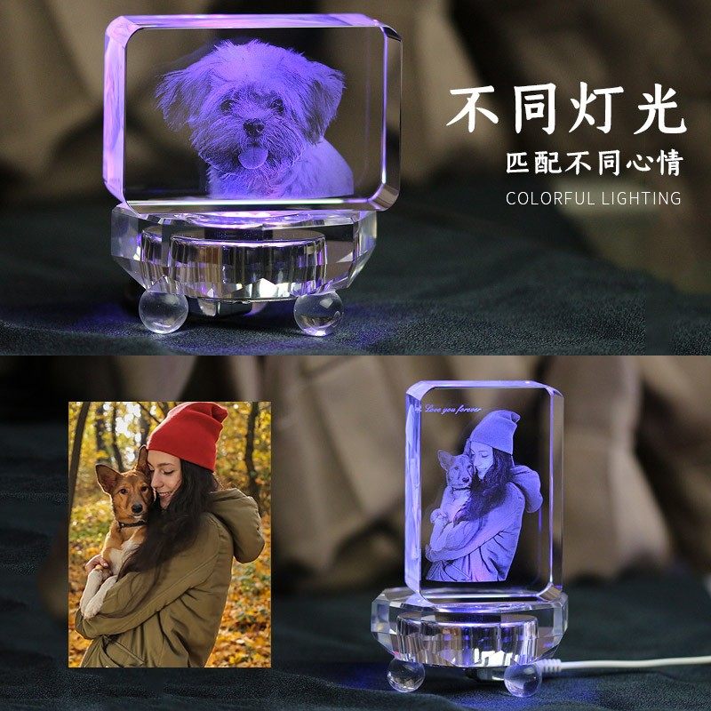 宠物纪念照片礼物小猫狗狗水晶立体内雕定制发光礼品送闺蜜走心礼