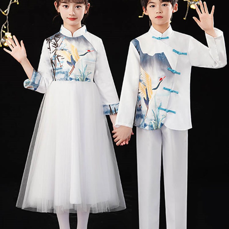儿童中国风演出服小学生合唱团表演服高端女童公主裙国学汉服长袖