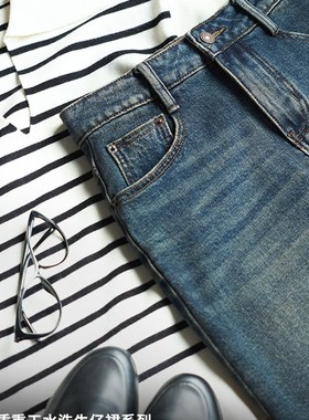 SJOG后开叉复古蓝色牛仔裙2024年秋季弹力显瘦高腰水洗长款半身裙