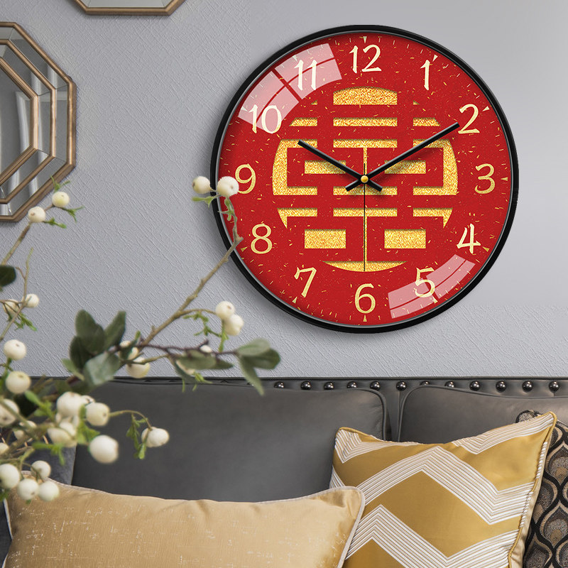 高级喜庆挂钟客厅家用时尚红色结婚用挂墙钟表时钟挂表石英钟静音