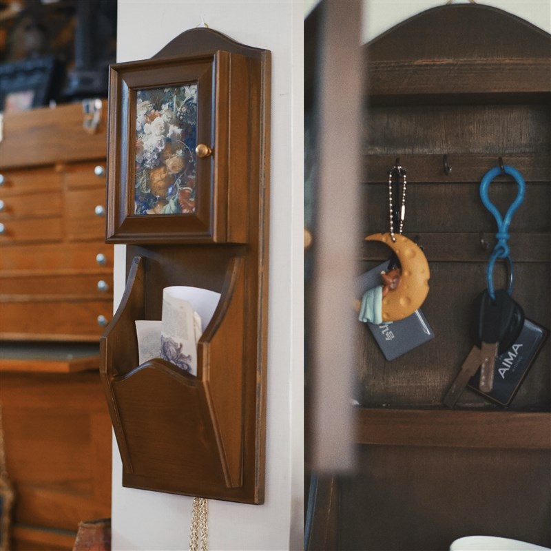 中古风实木复古多功能首饰钥匙挂钩收纳柜壁挂装饰画门厅玄关卧室