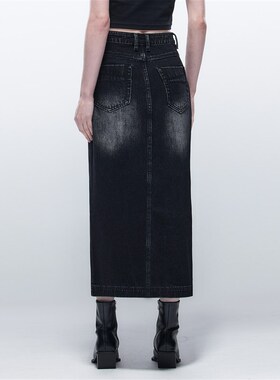 EMPTY PAGE黑色水洗做旧牛仔裙高腰百搭开叉a字半身裙