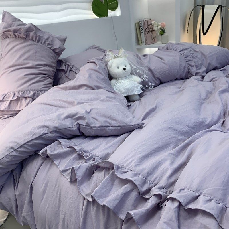 公主风紫色荷叶花边床上四件套少女心水洗棉床单被套单人床三件套