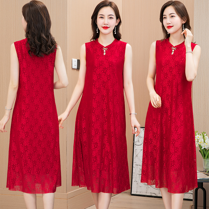 中年妈妈改良旗袍连衣裙女夏季中长款无袖吊带背心打底裙蕾丝裙子