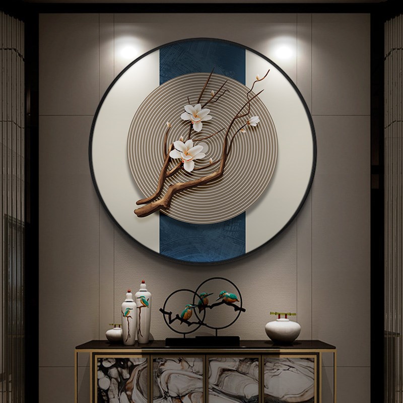 新中式餐厅挂画入户玄关装饰画茶室书房进门背景墙壁画圆形艺术画图片