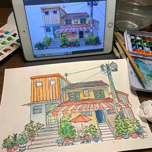 16K水彩画填色线稿风景建筑钢笔淡彩学生成人初学彩色铅笔涂色临