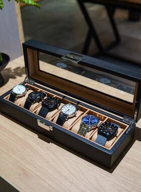 6位手表收纳盒 翻盖式皮质展示盒机械表盒高级感收藏腕表黑色编织