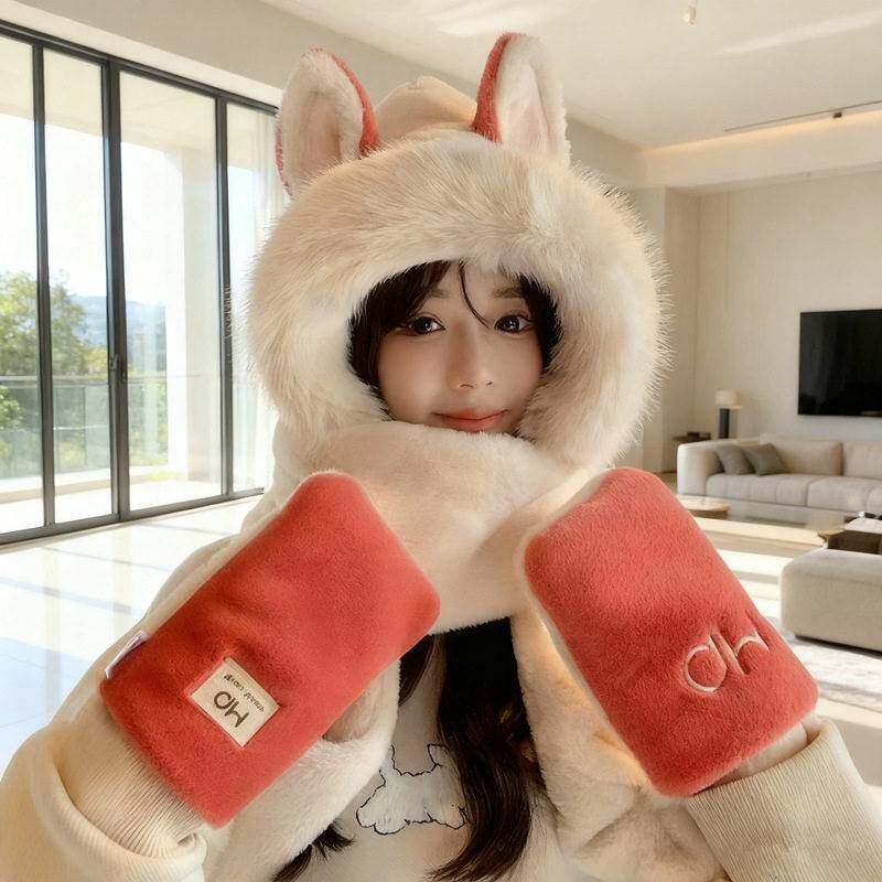 新款毛绒帽子围巾一体女款冬季加厚防风护耳帽骑车保暖三件套