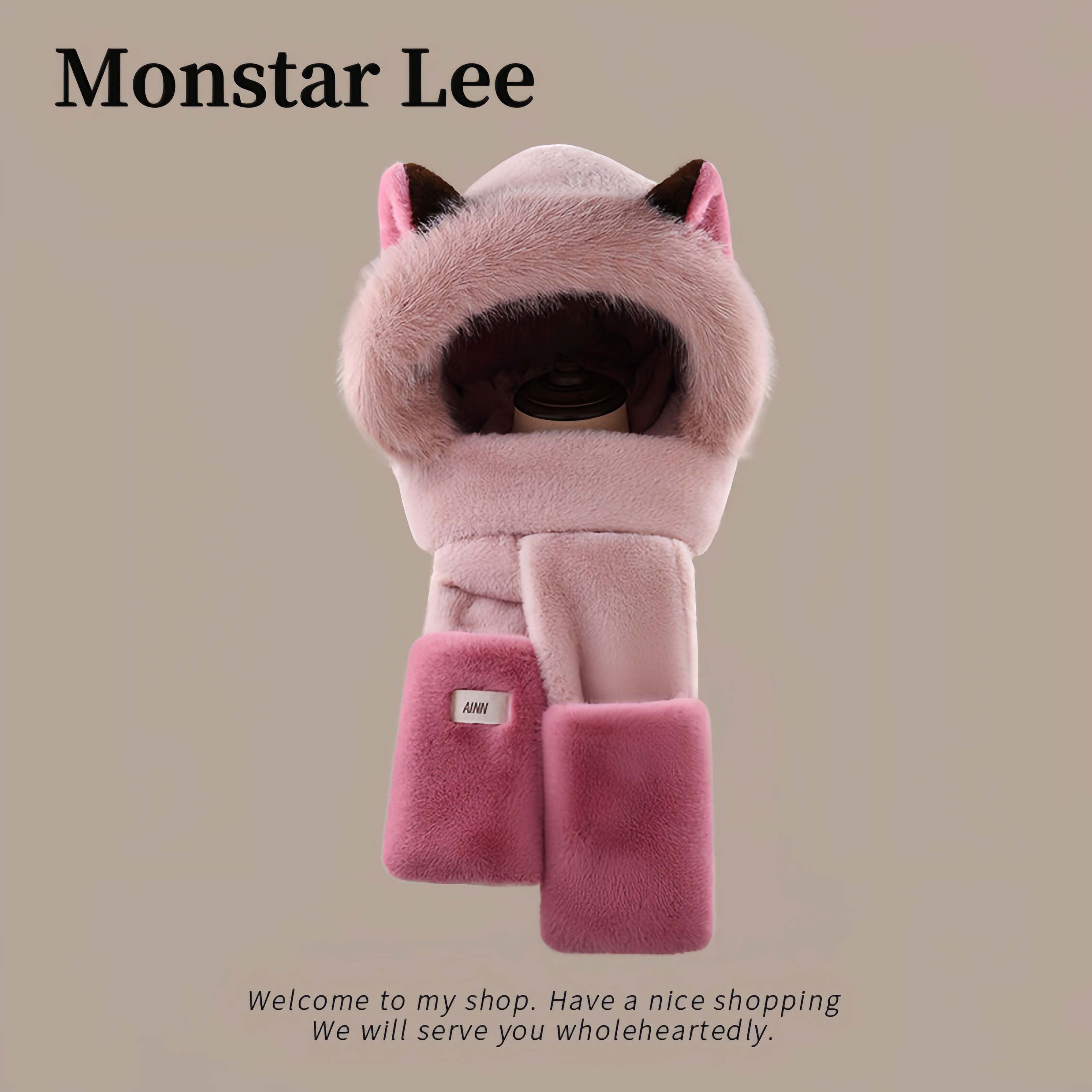 新款可爱火狐狸毛绒帽子围巾一体女冬防风护耳连帽骑车保暖三件套