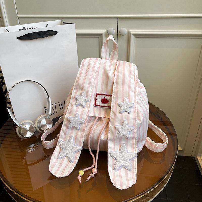 小众设计软妹兔耳朵双肩包女2026新款学生书包条纹大容量通勤背包