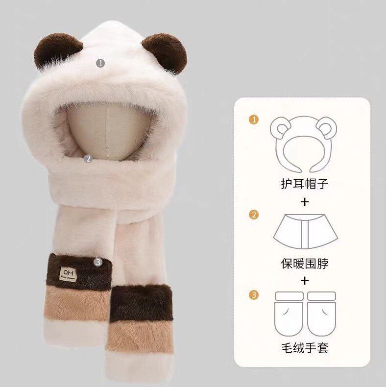 新款小熊耳朵毛绒帽子三件套女款秋冬加绒加厚保暖帽东北抗寒毛茸