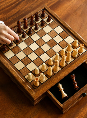国际象棋高档胡桃木实木抽屉款木质磁性套装沙比利棋盒chess摆件